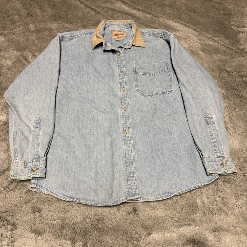 Vintage Woolrich Denim Men M Button-Up Blue Contrast Corduroy Collar USA Made